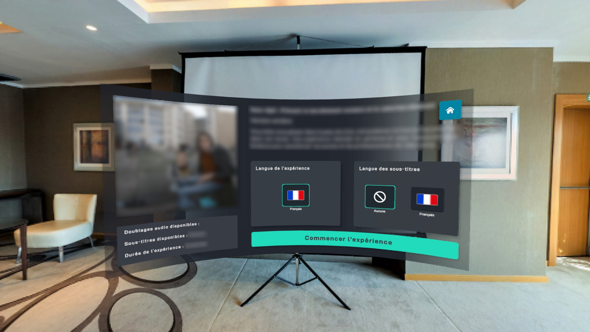 Menu de l'expérience lors de la sortie de l'application